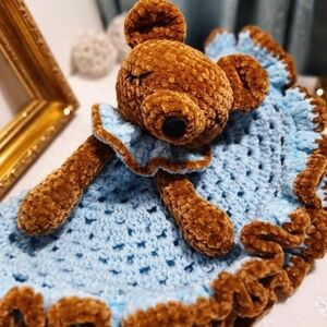 Handmade crochet sleep bear lovey made with 100% soft chenille and acrylic yarn